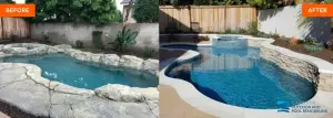 Before and after spa restoration with Pebble Sheen plaster and pool plastering finish