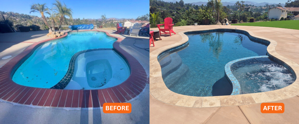 Before and after pool remodeling with new plaster finish and stone coping