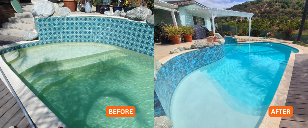 Before and after pool resurfacing with new blue waterline tile installation