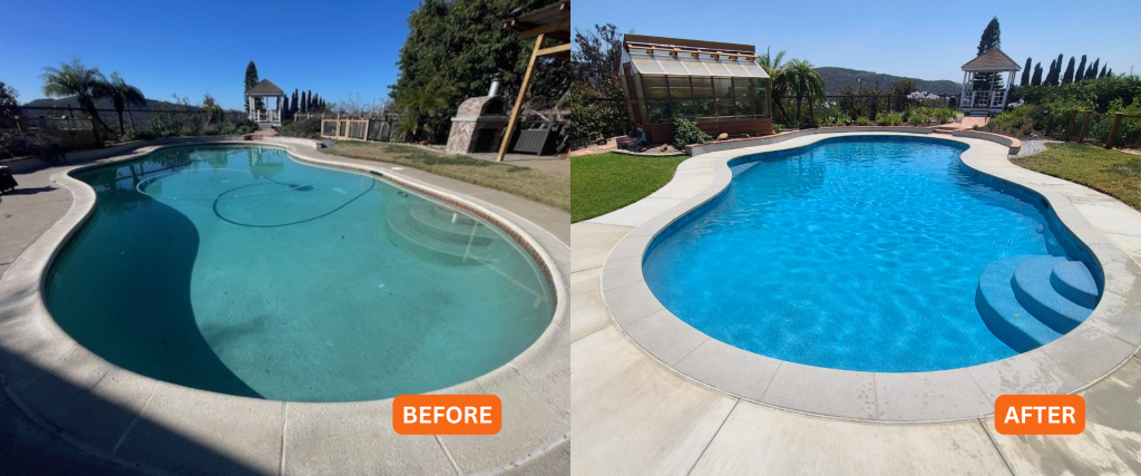 Before and after comparison of curved pool deck coping and pool resurfacing renovation
