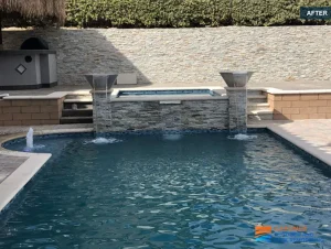 Stone wall with sheer descent pool waterfalls