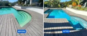 Before and after transformation of a backyard swimming pool with new surface finish after pool resurfacing