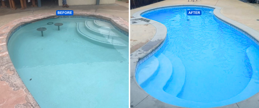Before and after comparison of a backyard pool remodel, showing resurfacing, new blue interior finish, updated waterline tile, and coping replacement.