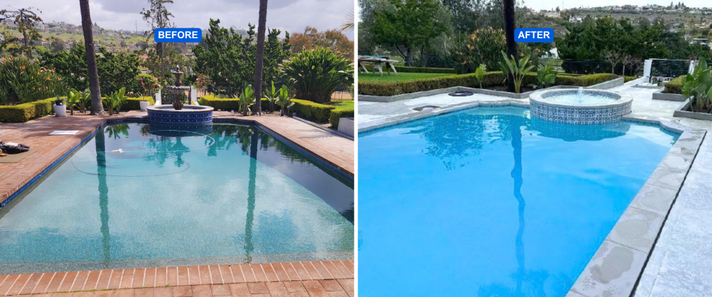 Before and after comparison of a full pool and spa renovation, showing vibrant blue plaster resurfacing, updated tile, concrete coping, and modernized pool deck.